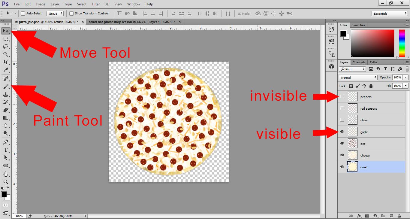 Photoshop Lesson - Tool Bar and Layer Palette with Pizza Pie file open